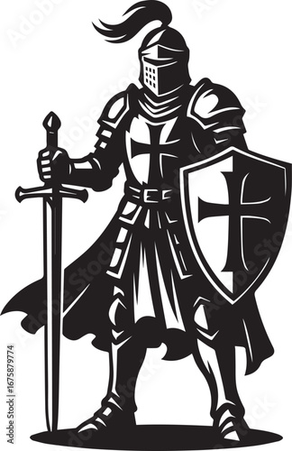 Medieval Knight with Shield and Sword Vector Silhouette – Crusader Illustration