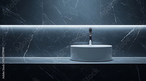 Modern bathroom sink with sleek faucet against dark marble tile and ambient lighting