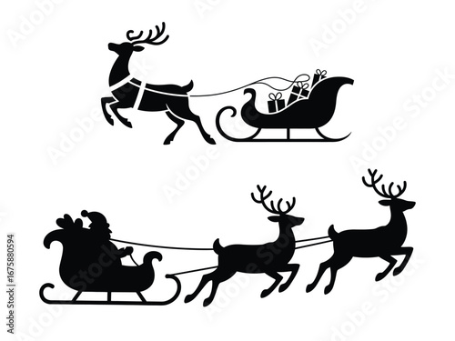 Santa claus sleigh and reindeer silhouette christmas scene vector
