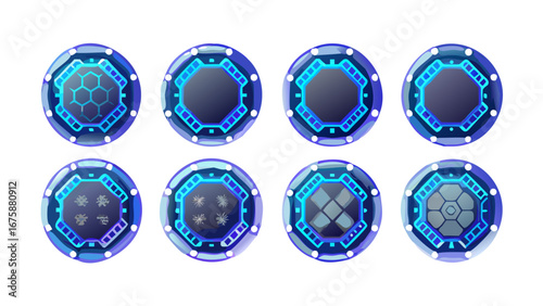 Set of futuristic game ui icons with hexagon pattern and blue light for interface design element vector