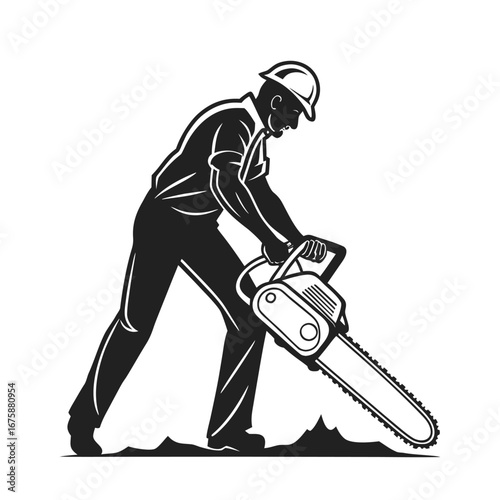 Skilled arborist or logger using a heavy-duty chainsaw to cut wood. Dynamic black and white vector silhouette illustrating forestry work and tree felling