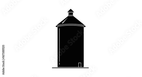Black silhouette of a tall cylindrical silo with a conical roof.