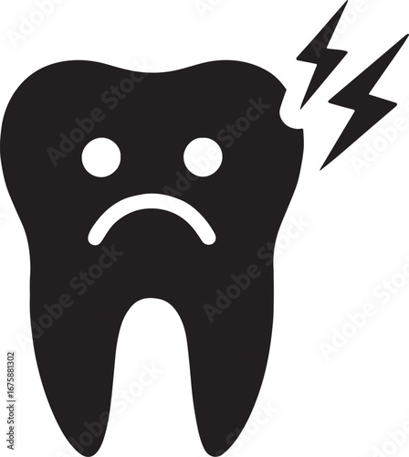 Black silhouette of tooth with lightning bolt, representing tooth pain, ideal for dental and oral care designs.