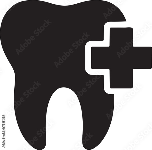 Black silhouette of tooth with plus sign, representing medical care, ideal for dental and health designs.