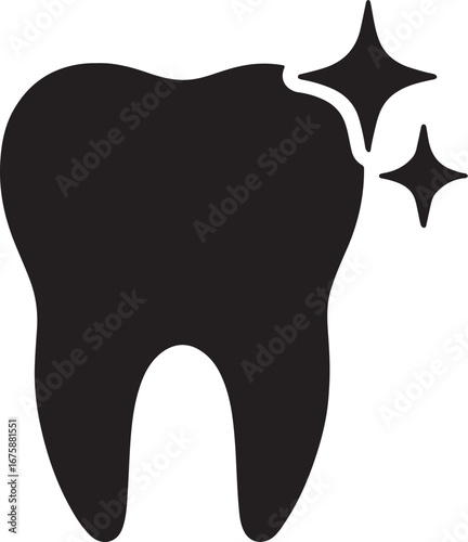 Black silhouette of tooth with sparkle stars, perfect for dental, clean, and oral care designs.