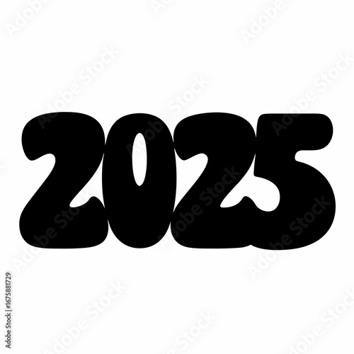 Black retro rounded numbers design displaying the year 2025 on white background