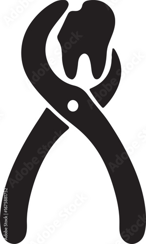 Black silhouette of tooth extraction forceps icon, ideal for dental, surgery, and oral care designs.