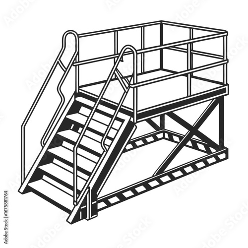 Black and white vector illustration of a safety platform with stairs, ideal for industrial or construction environments