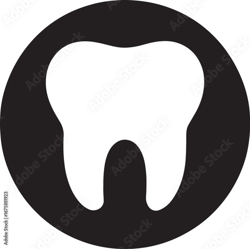 Black silhouette of tooth inside circle badge, ideal for dental, oral care, and health icon designs.