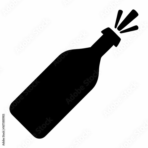 Celebration icon of a black silhouette bottle popping with liquid coming out