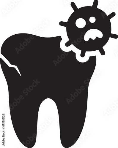 Black silhouette of tooth with decay bacteria icon, ideal for dental, cavity, and oral care designs.