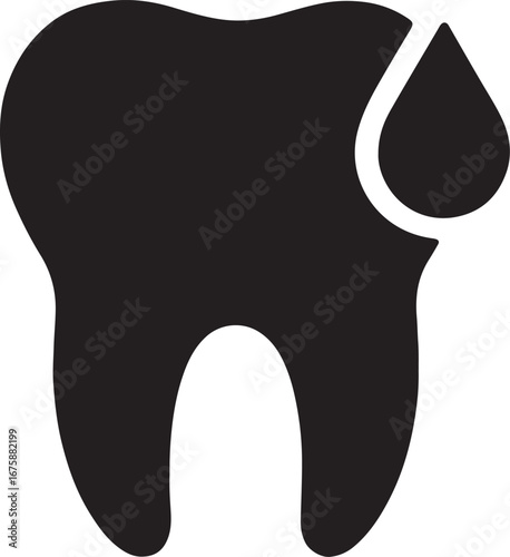 Black silhouette of tooth with drop, representing sensitivity, ideal for dental and oral care designs.