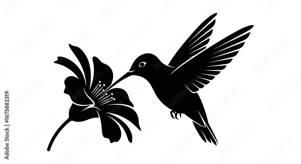 Obraz premium Silhouette of a hummingbird feeding from a stylized flower.