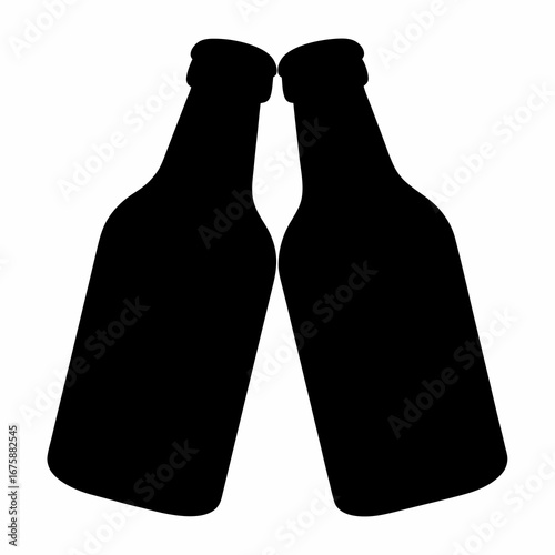 Two black beer bottles clinking together in celebration, a simple silhouette