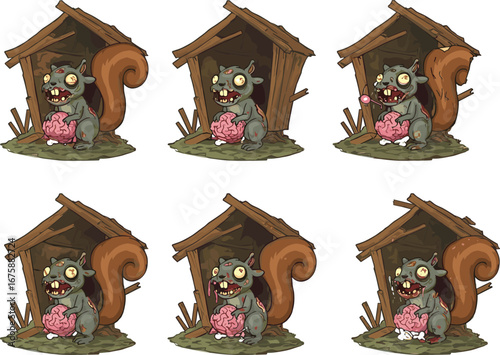 Creepy zombie squirrel cartoon character in haunted wooden hut holding brain, horror vector for Halloween, scary forest monster design