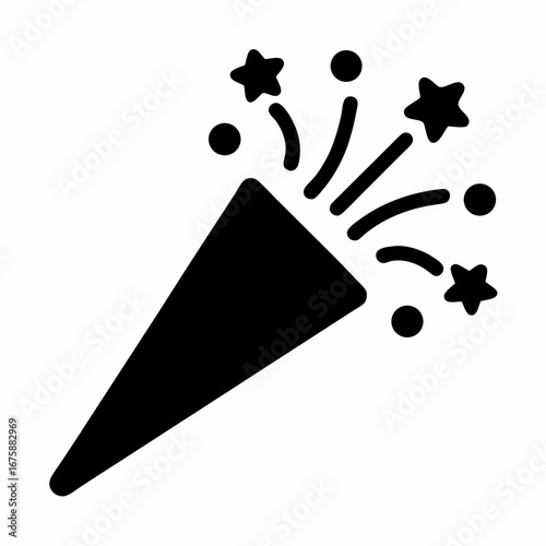 Black and white graphic of a party popper with stars and confetti