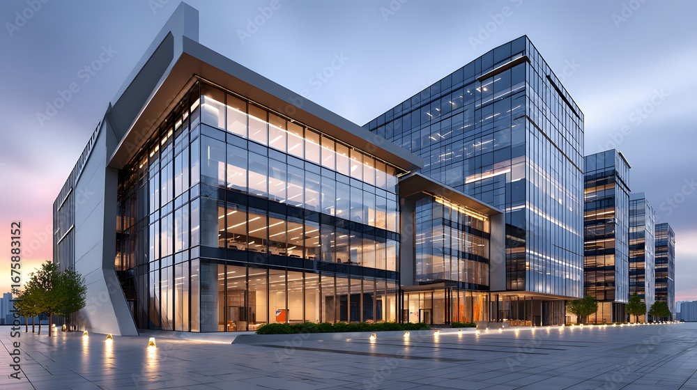 Obraz premium Sleek Modern Office Building with Glass Facade and Illuminated Entrance at Dusk in an Urban Setting