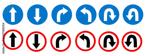 U turn left and right black arrow sign direction icon set. Go straight, this way, one way only U turn, left and right arrow. Along with prohibition icons for straight ahead, right and left turns.
