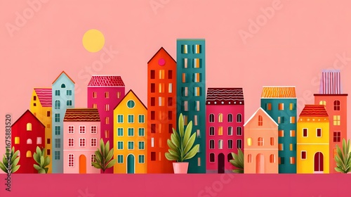 Colorful Paper Art Cityscape with Vibrant Buildings and Sun Against a Soft Pink Background