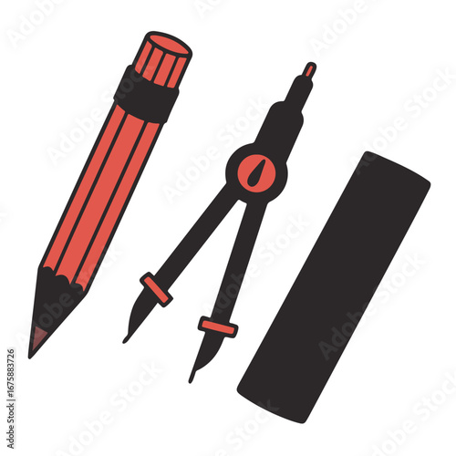Drawing tools including a pencil, compass, and eraser isolated on white background