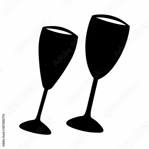 Two stylized silhouette champagne flutes clinking isolated on a white background
