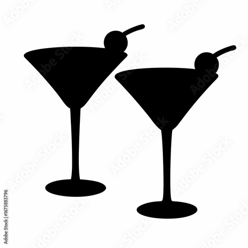 Silhouette of two martini glasses with cherry garnish on a white background