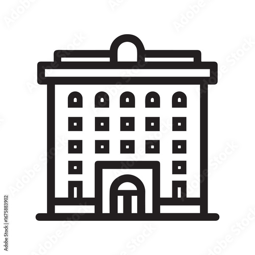Black and White Line Art Icon of a MultiStory Building with Arched Entrance