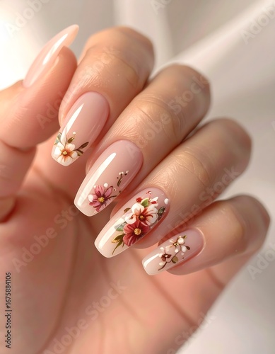 Elegant Hand with Floral Nail Art in Soft Natural Light for Beauty and Fashion Marketing