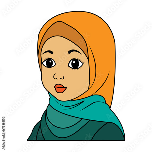 Beautiful Muslim girl portrait in hijab vector illustration. Modern Arabic female person headshot. Young Islamic girl avatar. Concept for a diverse, uplifting lifestyle, happiness, and celebration.