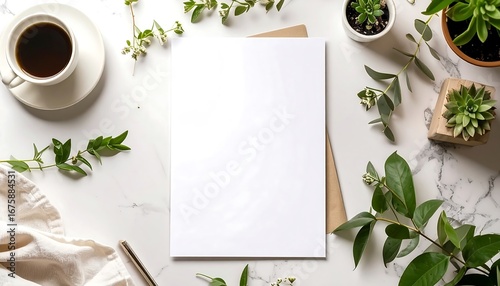 Creative morning concept with a blank sheet for text, a cup of coffee, and natural green foliage on a white marble background