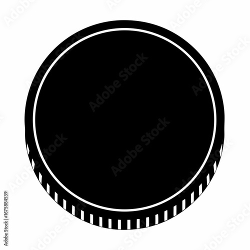 Black and white illustration of a stylized coin with edge detailing
