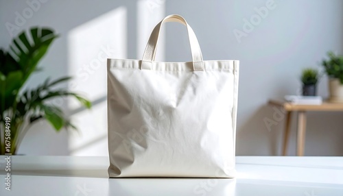 Plain White Tote Bag on Bright Modern Desk with Indoor Plants and Natural Light