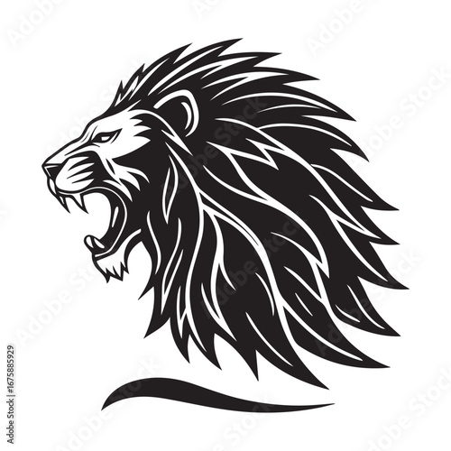 Roaring lion head with a majestic mane isolated on white background
