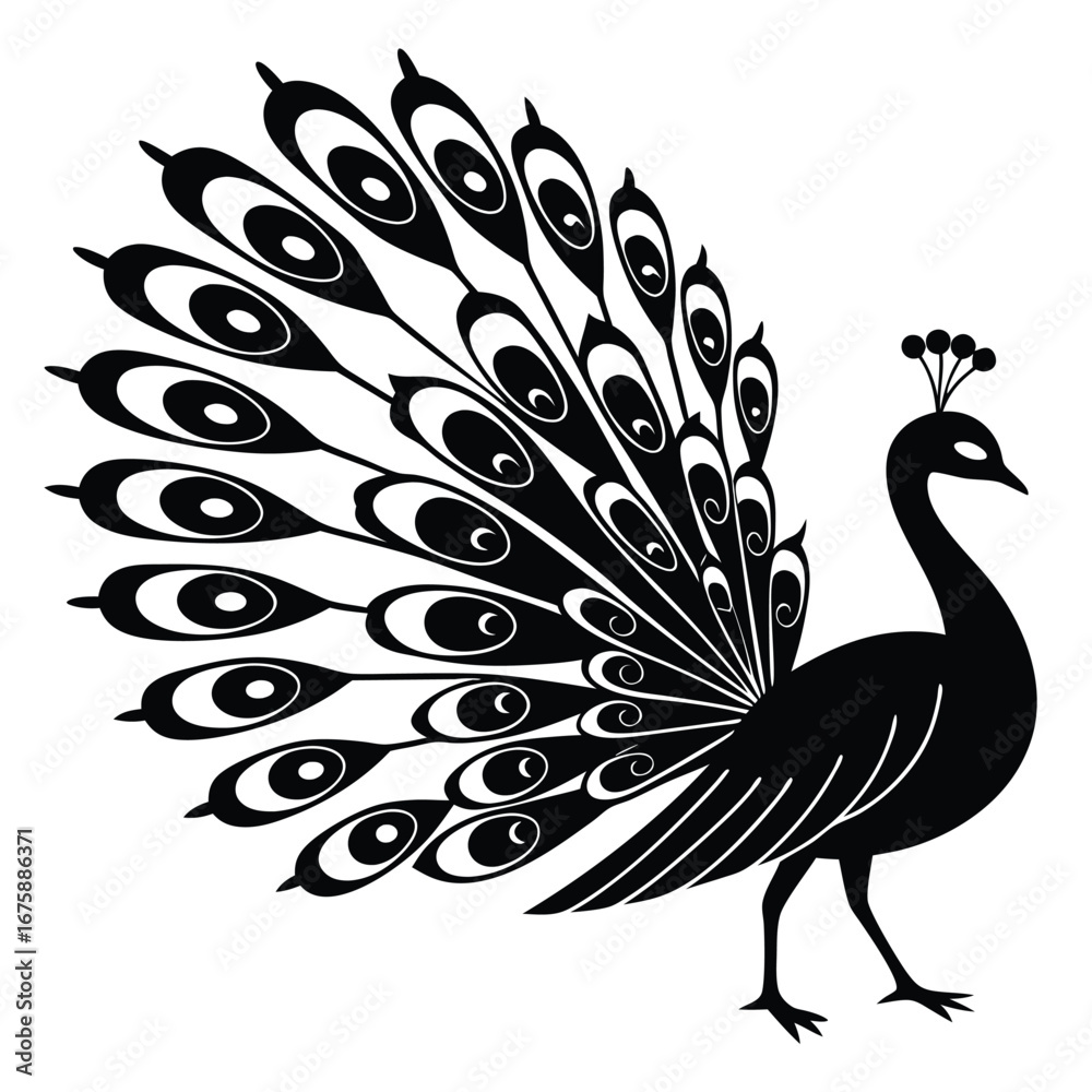 Fototapeta premium Black Silhouette of Cute Peacock Minimalist Bird Design
