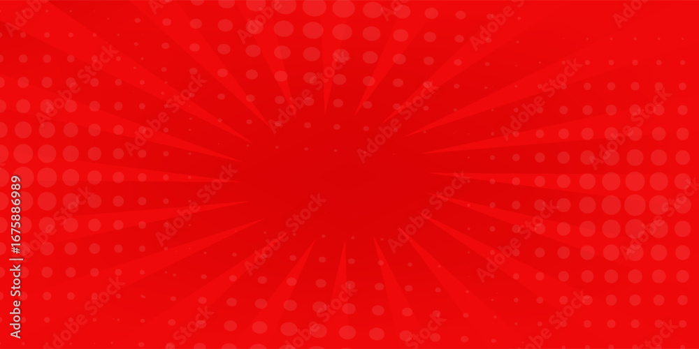Fototapeta premium Red comic sunburst effect background with halftone. pop art comic-style vector background