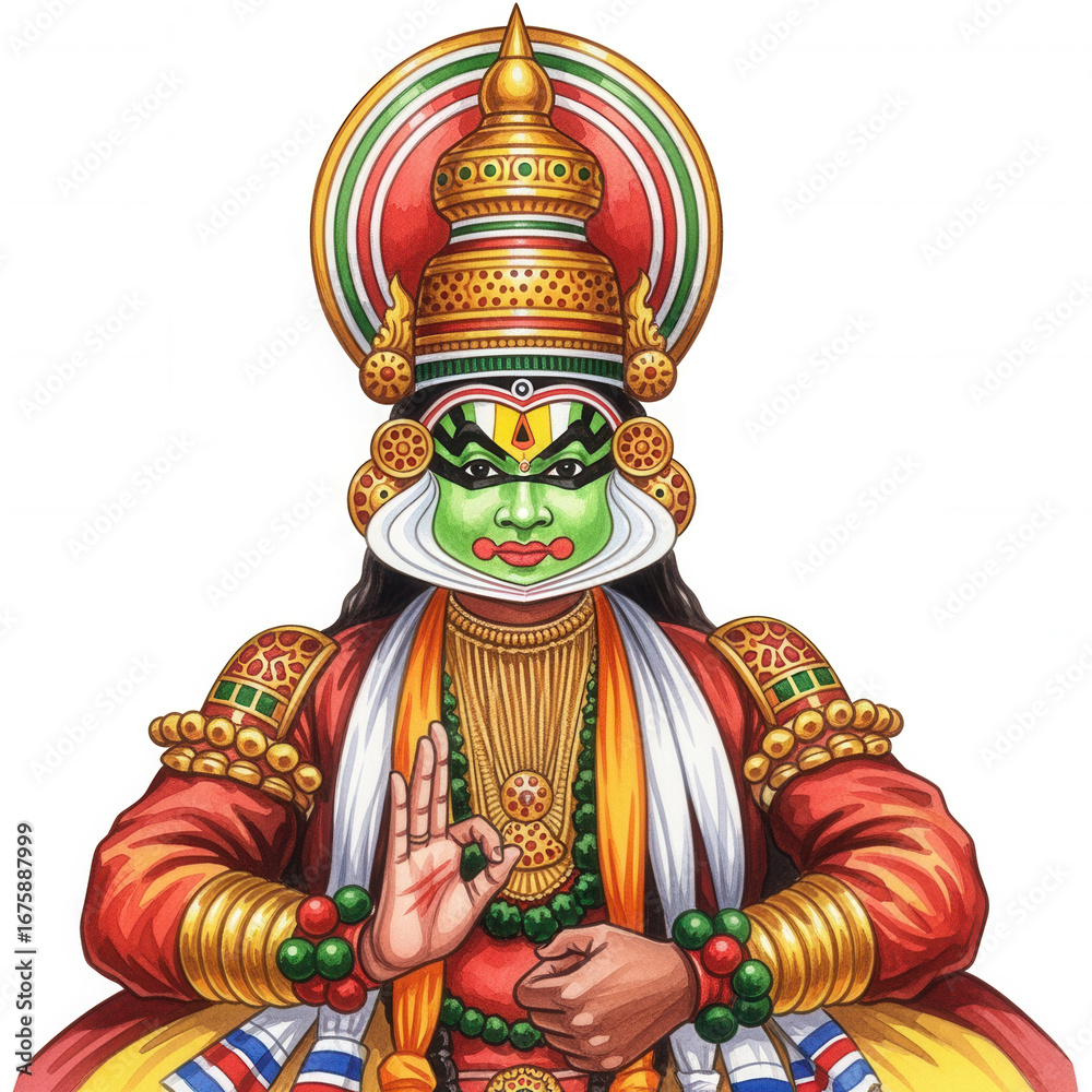 Fototapeta premium A male Kathakali dancer, wearing a detailed traditional costume with an ornate face mask and a jeweled headpiece.