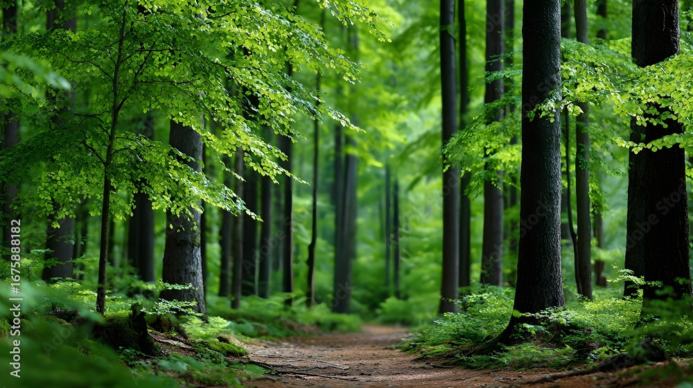 Obraz premium Lush Green Forest Surrounded by Towering Trees and a Serene Path in Natural Light
