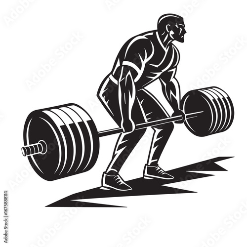 Weightlifter performing a deadlift isolated on white background with great effort