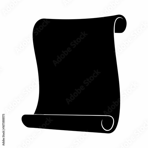 Black scroll silhouette on a white background resembling ancient document