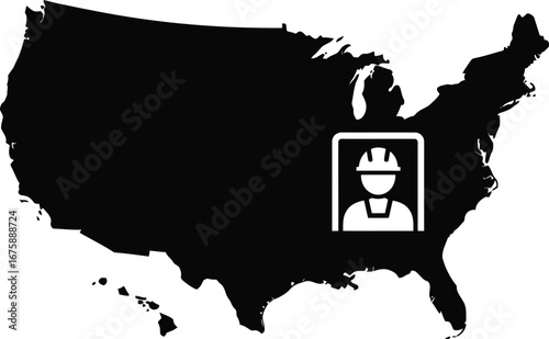Usa construction worker silhouette on map
