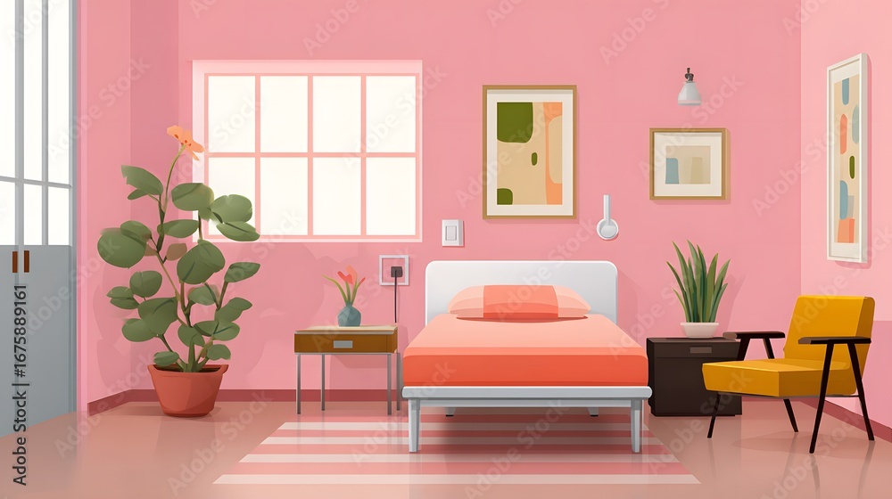 Fototapeta premium Cozy Minimalist Bedroom Interior Design Featuring Pink Walls and Modern Furniture