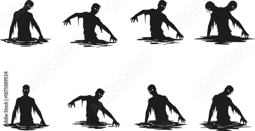 Creepy Zombie Rising from the Swamp, Horror Silhouette in Motion, Undead Animation for Halloween, Eerie Action Concept Art