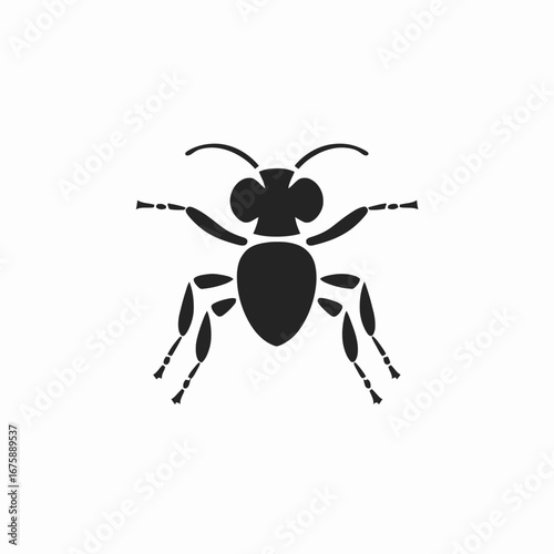 Black insect features compound eyes and segmented legs in vector silhouette
