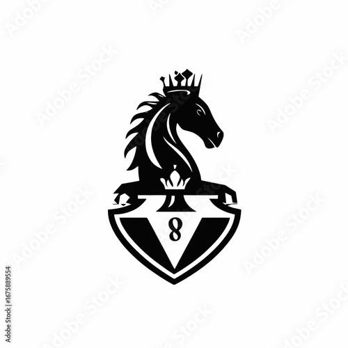 Majestic crowned horse icon within shield emblem, a bold graphic silhouette