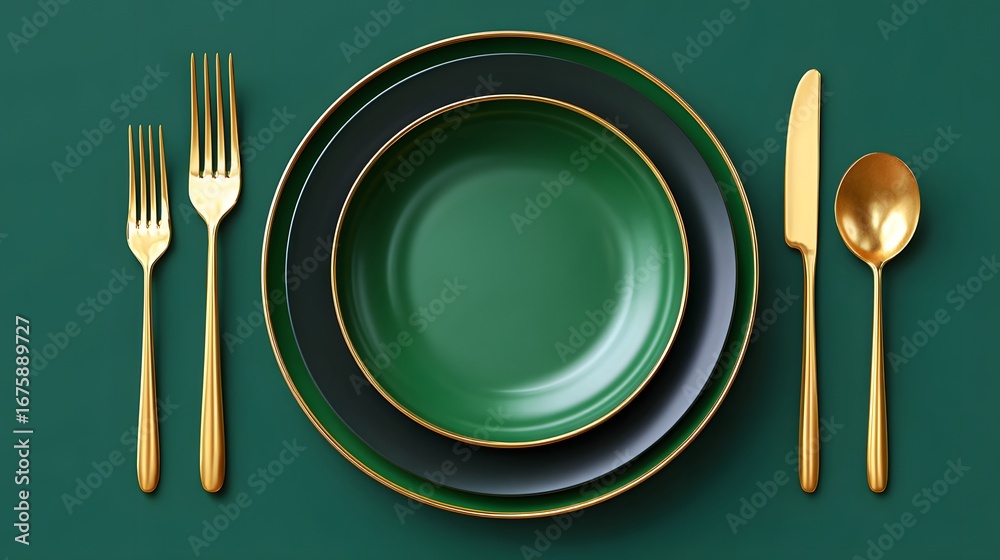 custom made wallpaper toronto digitalElegant Table Setting with Green Plates and Gold Cutlery on Dark Green Background