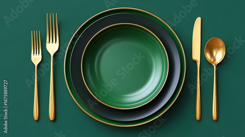 Elegant Table Setting with Green Plates and Gold Cutlery on Dark Green Background