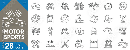 Motorsports line icons set. Racing, formula one, motorcycle, rally, drift, drag, pit stop, car race, trophy, speed and more vector illustration.