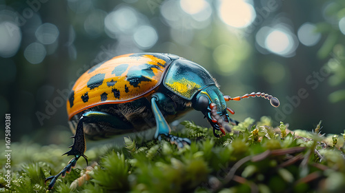 Vibrant Beetle on Moss: Close-Up Macro Photography