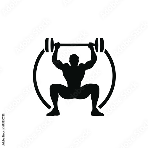 Strong weightlifter lifting barbell with effort in bold minimalist vector silhouette