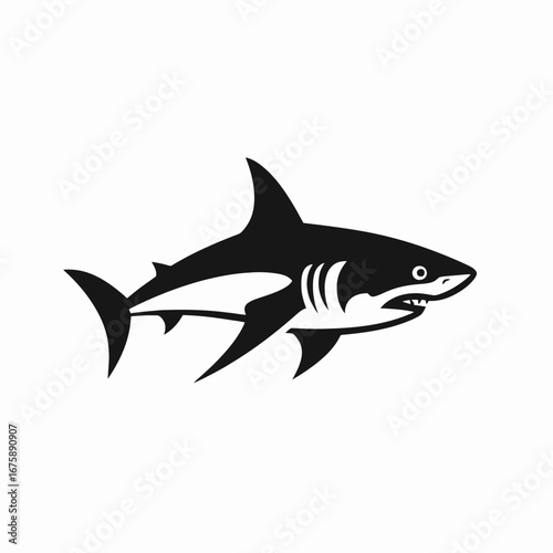 Striking great white shark icon swimming in the dark sea silhouette